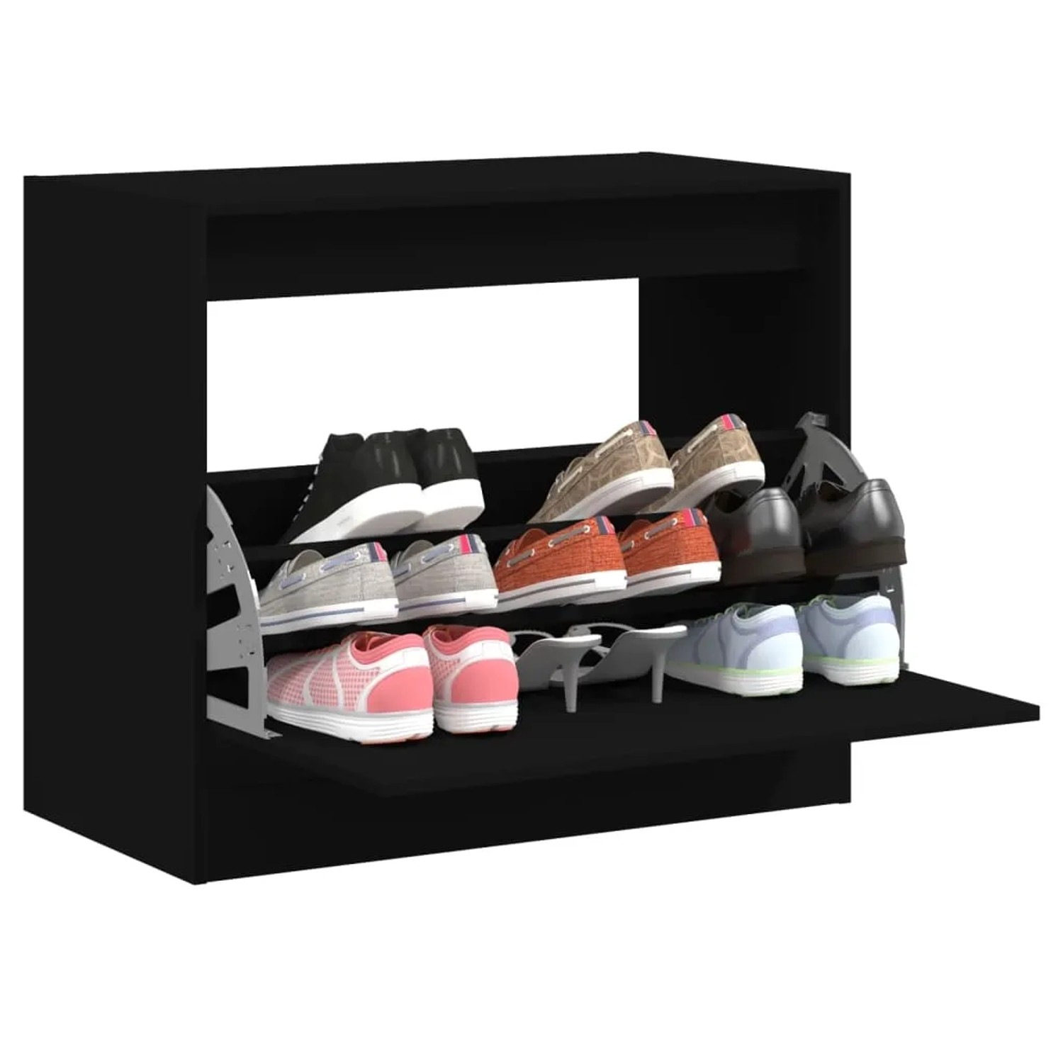 Schwarzer vidaXL Schuhschrank (80x42x69 cm) aus Holzwerkstoff mit Schuhen.