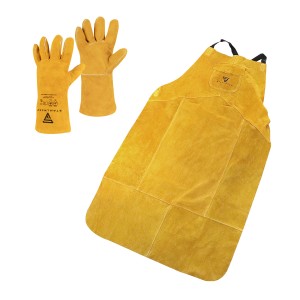 STAHLWERK Schweißerschutz Set: Gelbe Schweißerschürze und dicke Schweißhandschuhe aus Leder.