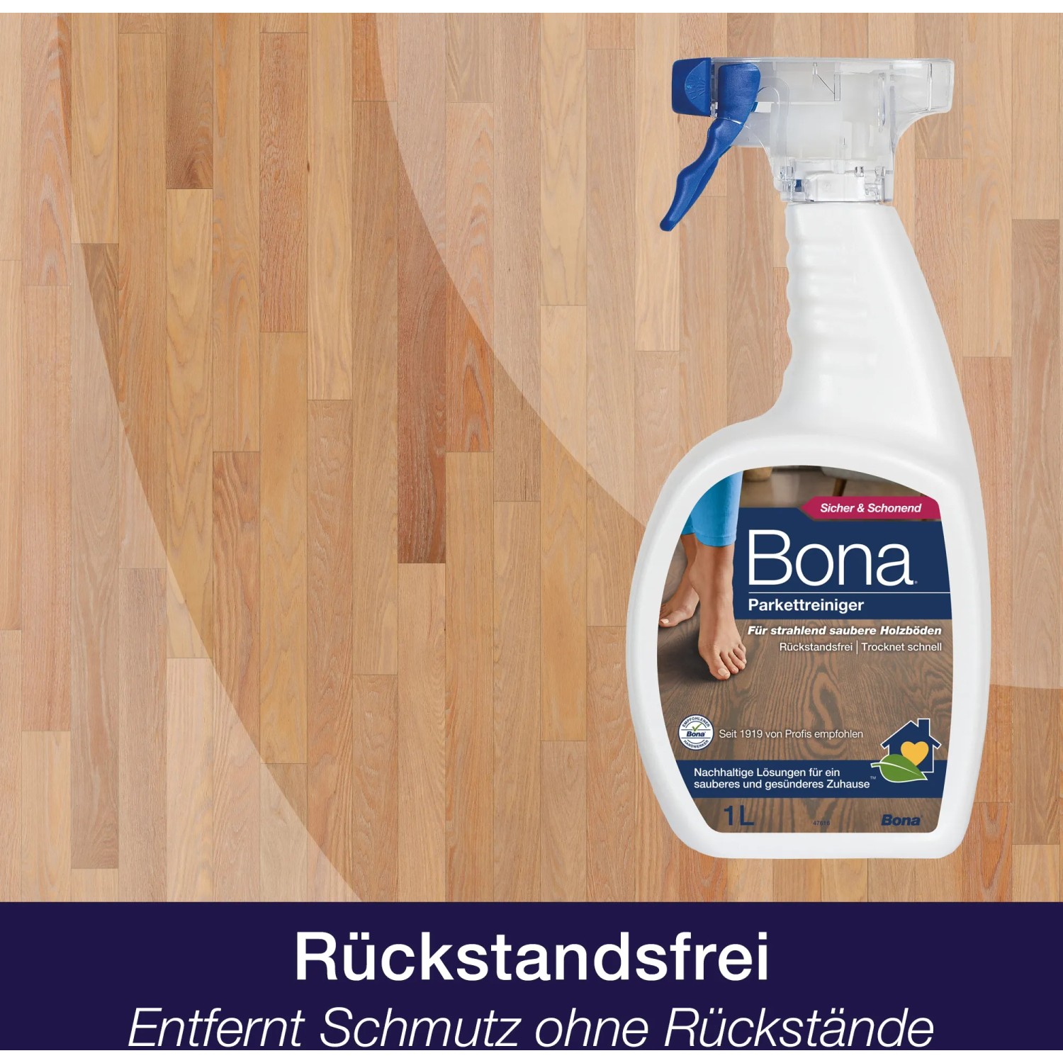 Bona Parkettreiniger Spray 1 l für streifenfreie Reinigung lackierter Parkettböden.