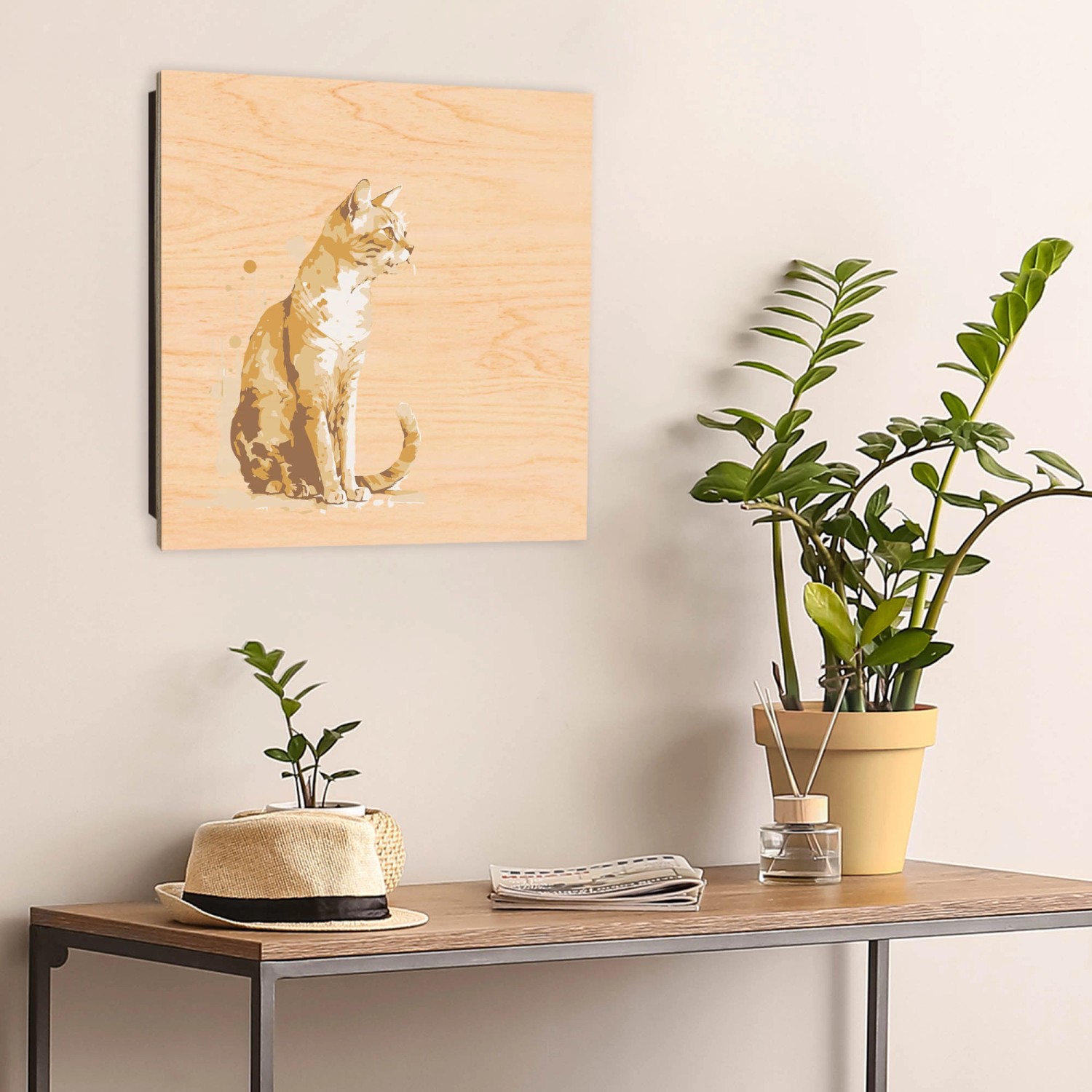 Banjado Schlüsselkasten Holz, 30x30cm, Motiv Aquarellkatze. Schlüsselaufbewahrung mit 50 Haken.