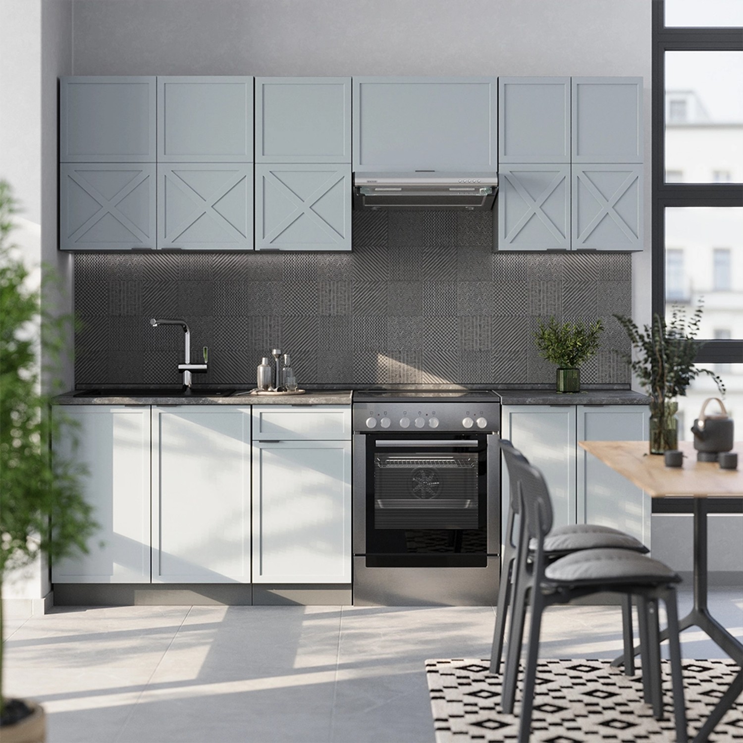 Moderne Vicco Küchenzeile in Hellblau-Grau/Anthrazit, 240 cm breit, mit Hängeschränken und Herd.