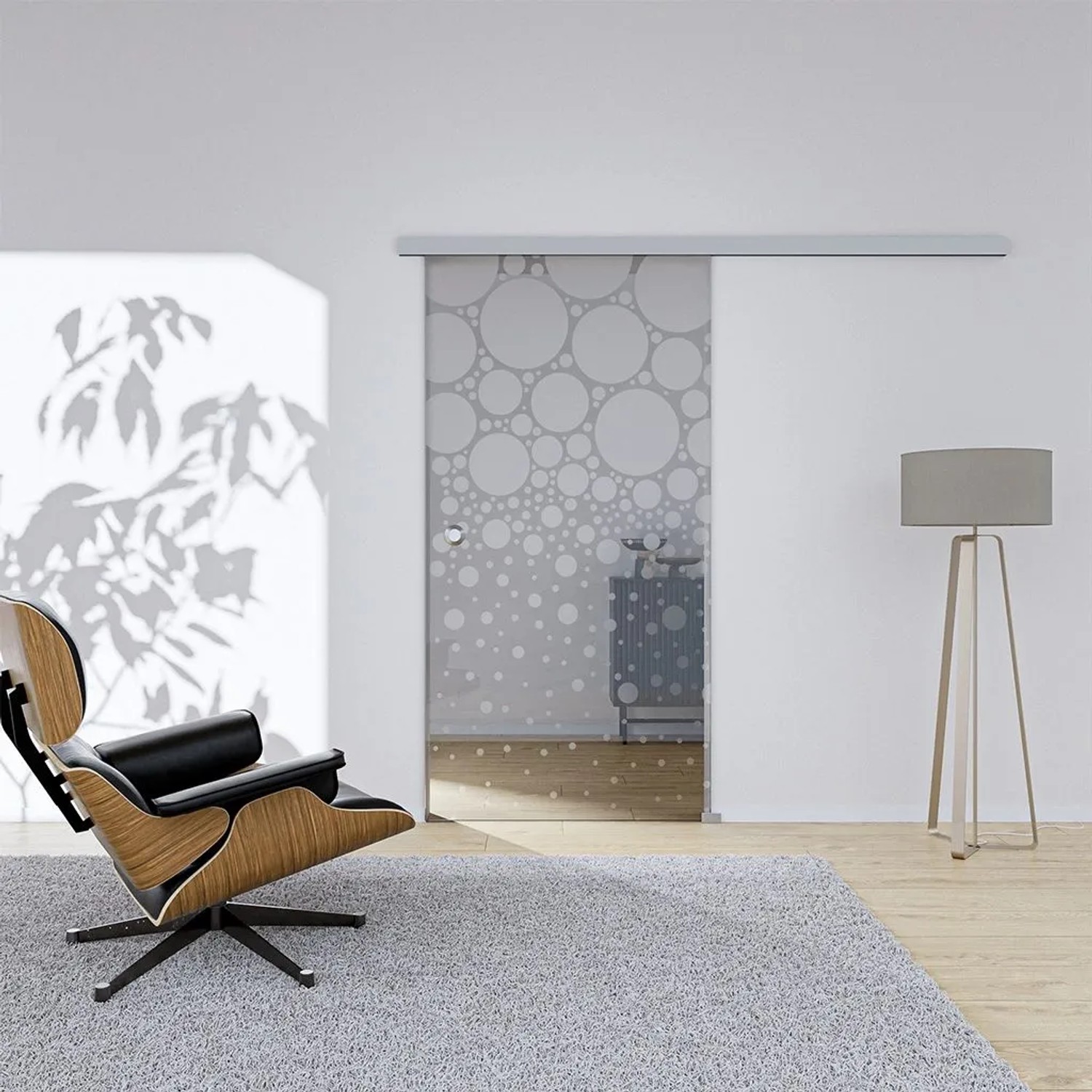 Hansaglas Glasschiebetür Perla 2 775 x 2050 mm DIN Rechts Komplettset Silber Muschelgriff SoftClose