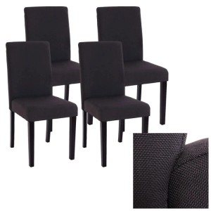 Vier schwarze Esszimmerstühle im 4er-Set mit Textilbezug und dunklen Holzbeinen. Modern gepolsterte Stühle.