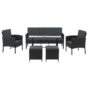 Schwarze Juskys Polyrattan Gartenmöbel Sitzgruppe Turin mit Tisch, Bank, Stühlen und Hockern.