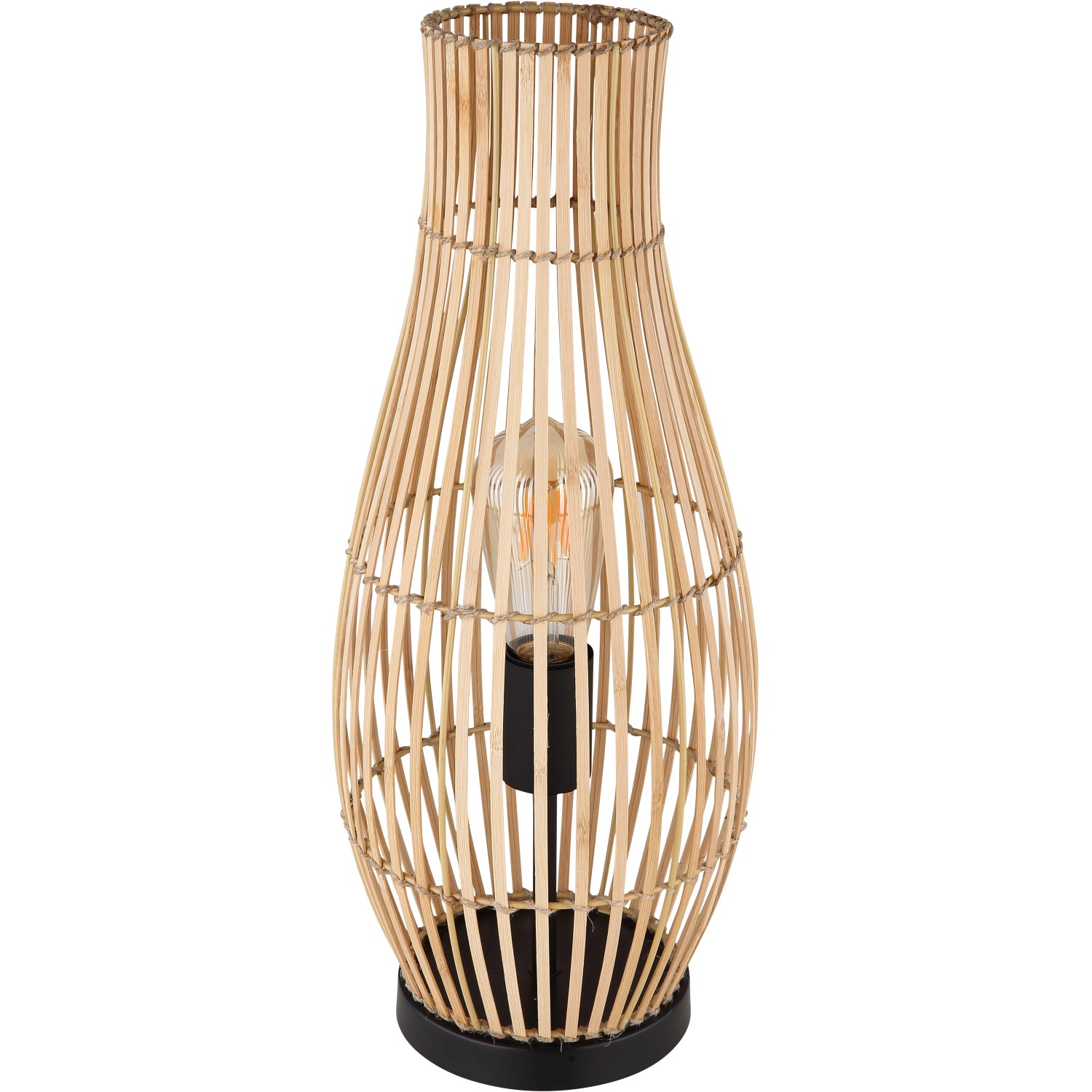 Globo Tischlampe Laglio: Naturfarbene Design-Tischleuchte aus Bambus und Hanf mit schwarzem Metallsockel.