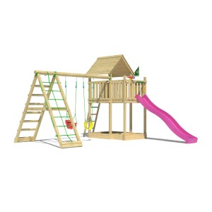 Jungle Gym Spielturm mit Doppelschaukel, Kletterbock und Rutsche in Fuchsia.