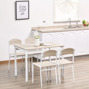 HOMCOM Essgruppe: 5-teiliges Set mit rechteckigem Tisch und 4 Stühlen aus MDF und Metall in Hellgrau/Holzoptik.