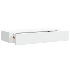 Weißes vidaXL Wandregal mit Schublade aus MDF, teilweise geöffnet. Modernes, schwebendes Regal für Stauraum.
