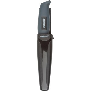 Wolfcraft Outdoormesser mit Köcher, grauer Griff, glatte Klinge. Messer für Camping und Handwerk.