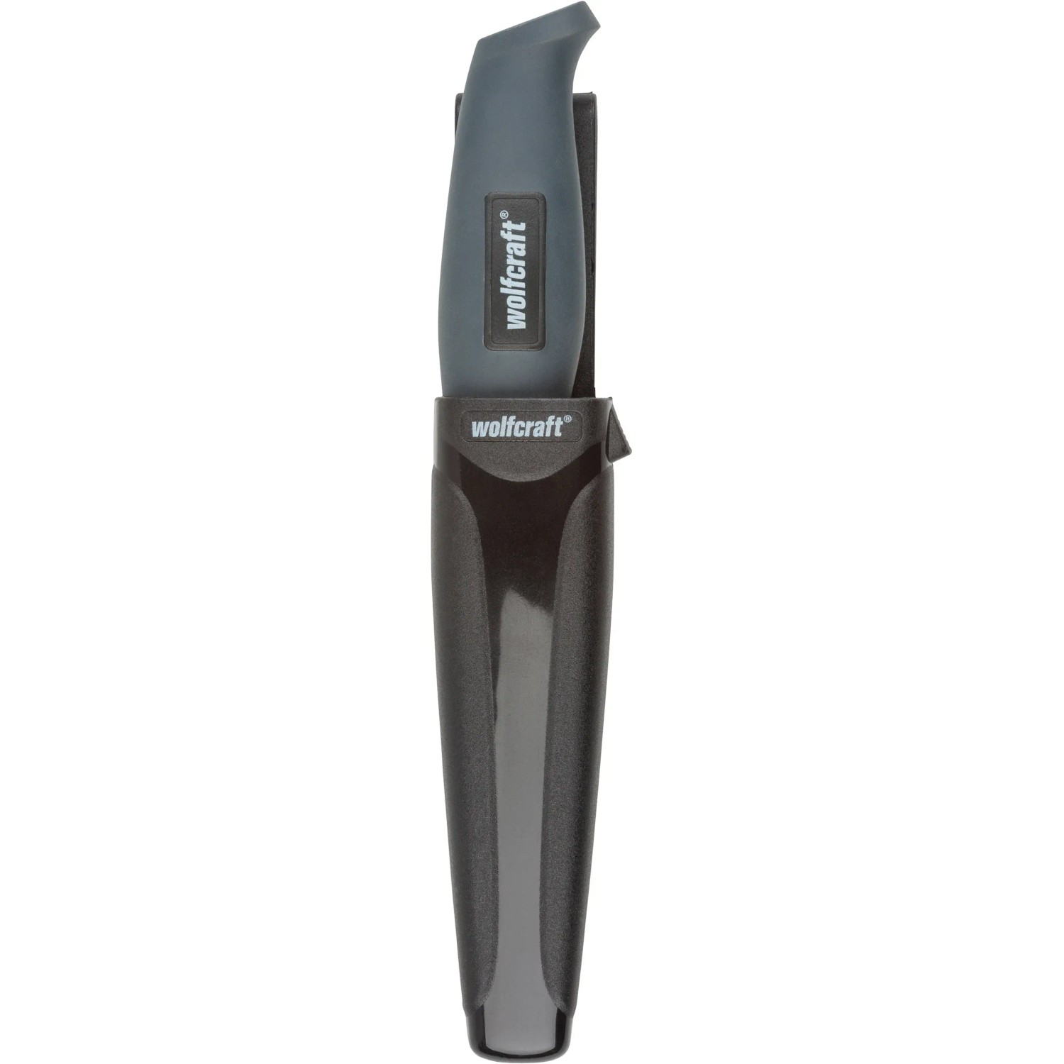 Wolfcraft Outdoormesser mit Köcher, grauer Griff, glatte Klinge. Messer für Camping und Handwerk.