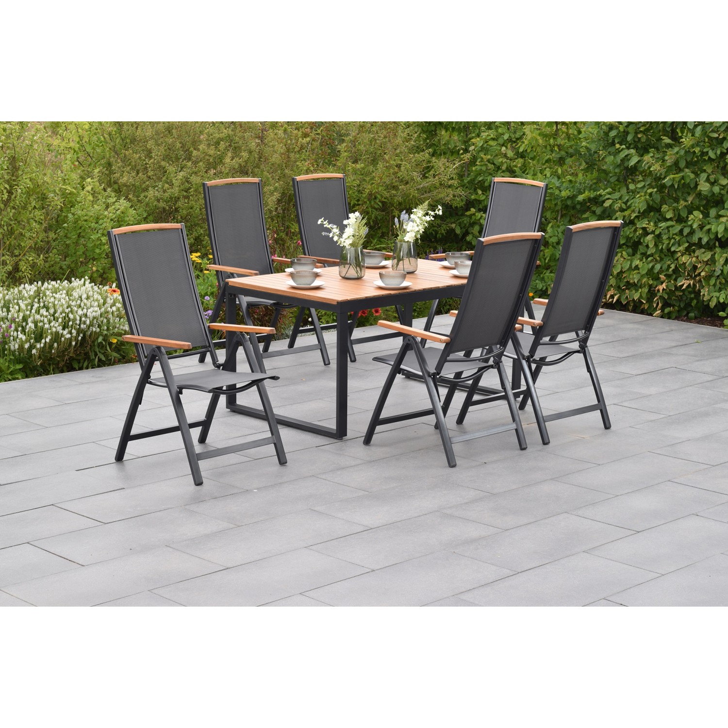 Merxx Gartenmöbelset Siena, 7-teilig: Ausziehtisch und 6 Klappsessel mit Akazienholz-Applikationen.