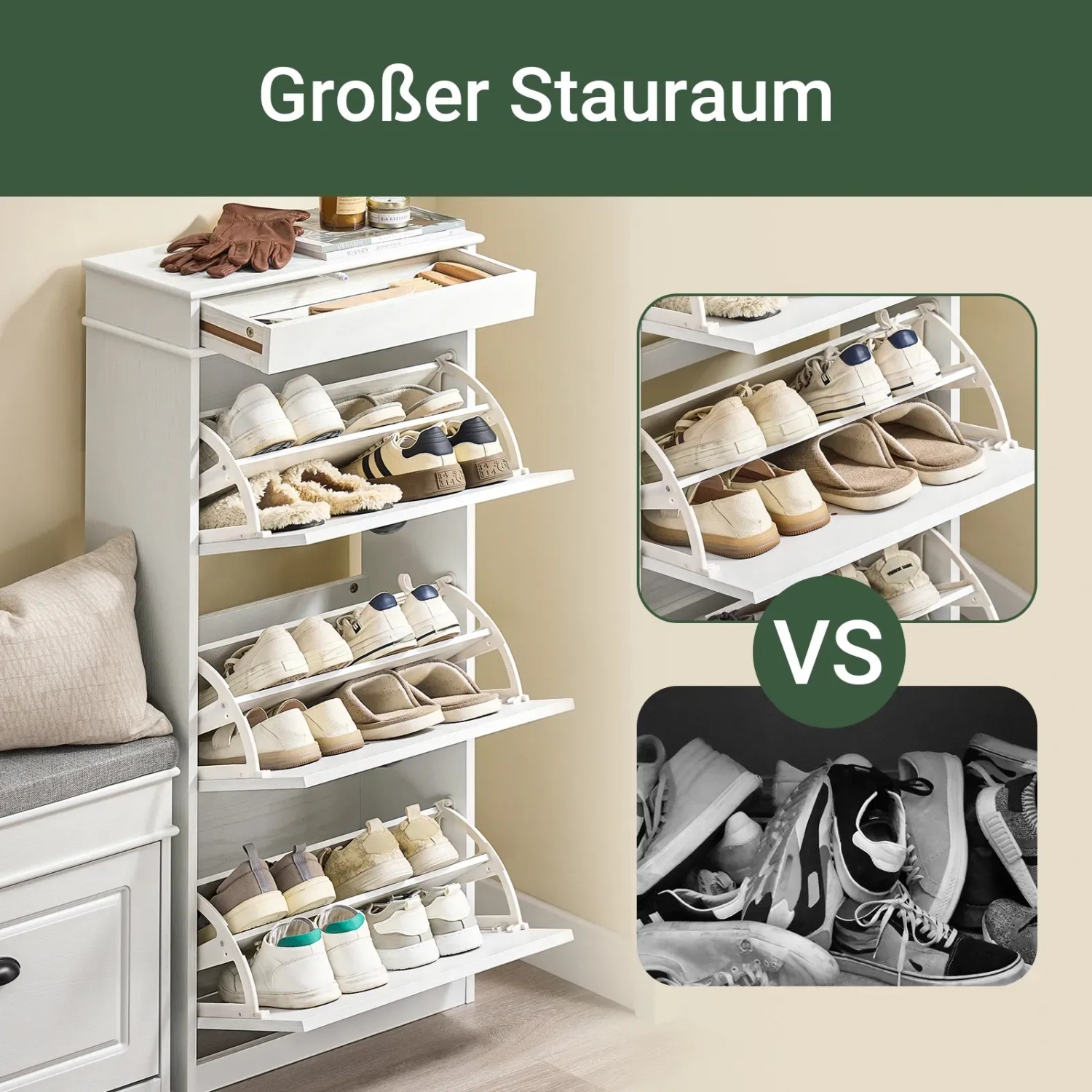Weißer SoBuy Schuhschrank, schmal, mit 3 Klappen und Schublade, ordentlich gefüllt mit Schuhen.