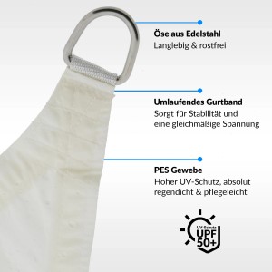 Detailaufnahme: Cremeweißes Toldoro Sonnensegel mit Edelstahl-Öse, Gurtband und UV-Schutz UPF50+.