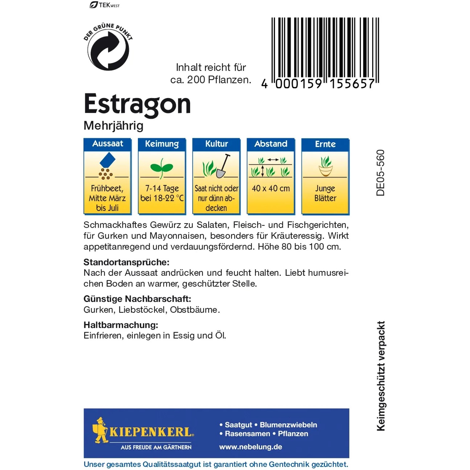 Kiepenkerl Estragon mehrjährig Samenpackung, ideal für Kräuteressig und vielseitige Küche.