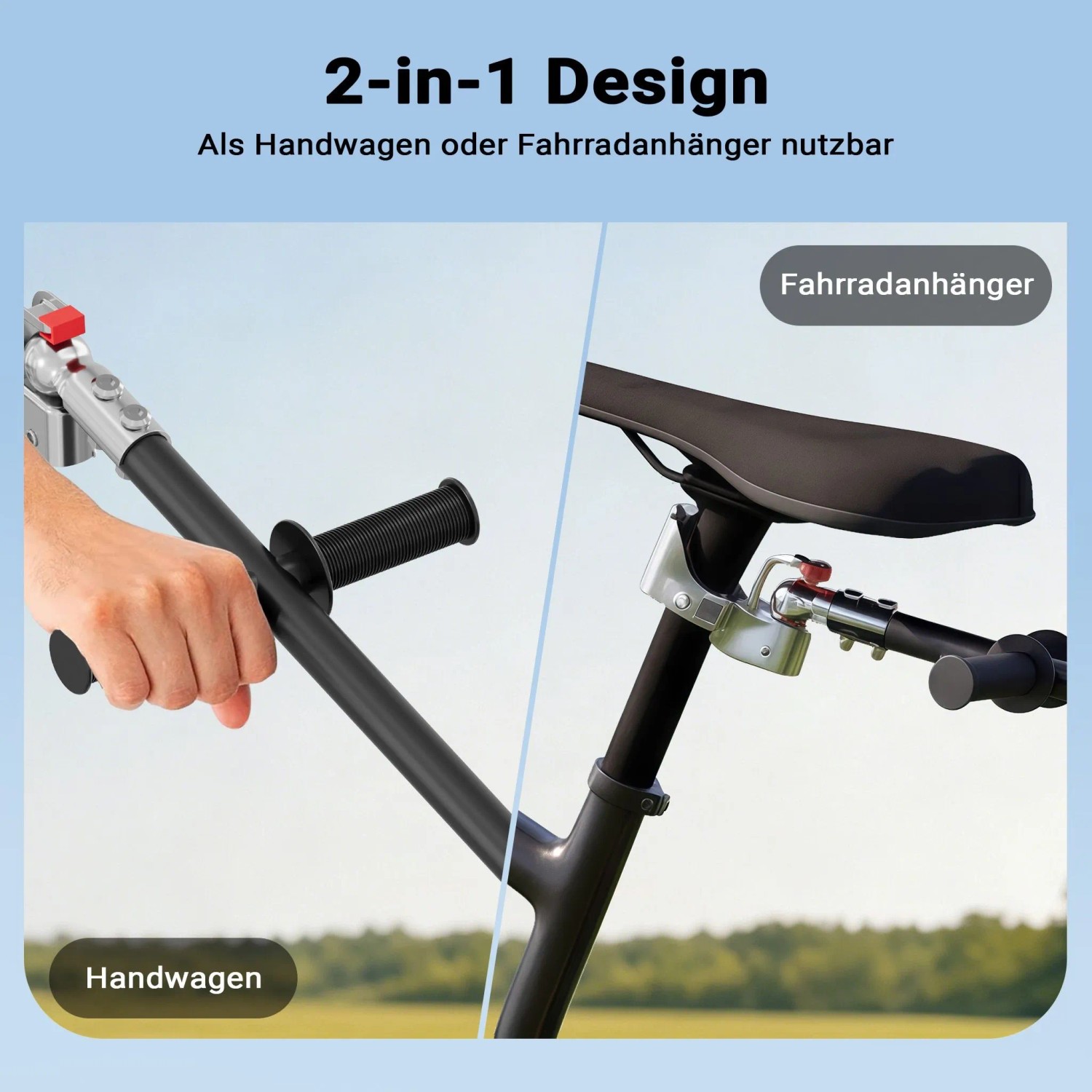 Wiltec Fahrradanhänger: Deichsel als Handwagen-Griff und Kupplung am Fahrrad. 2-in-1 Lastenanhänger.