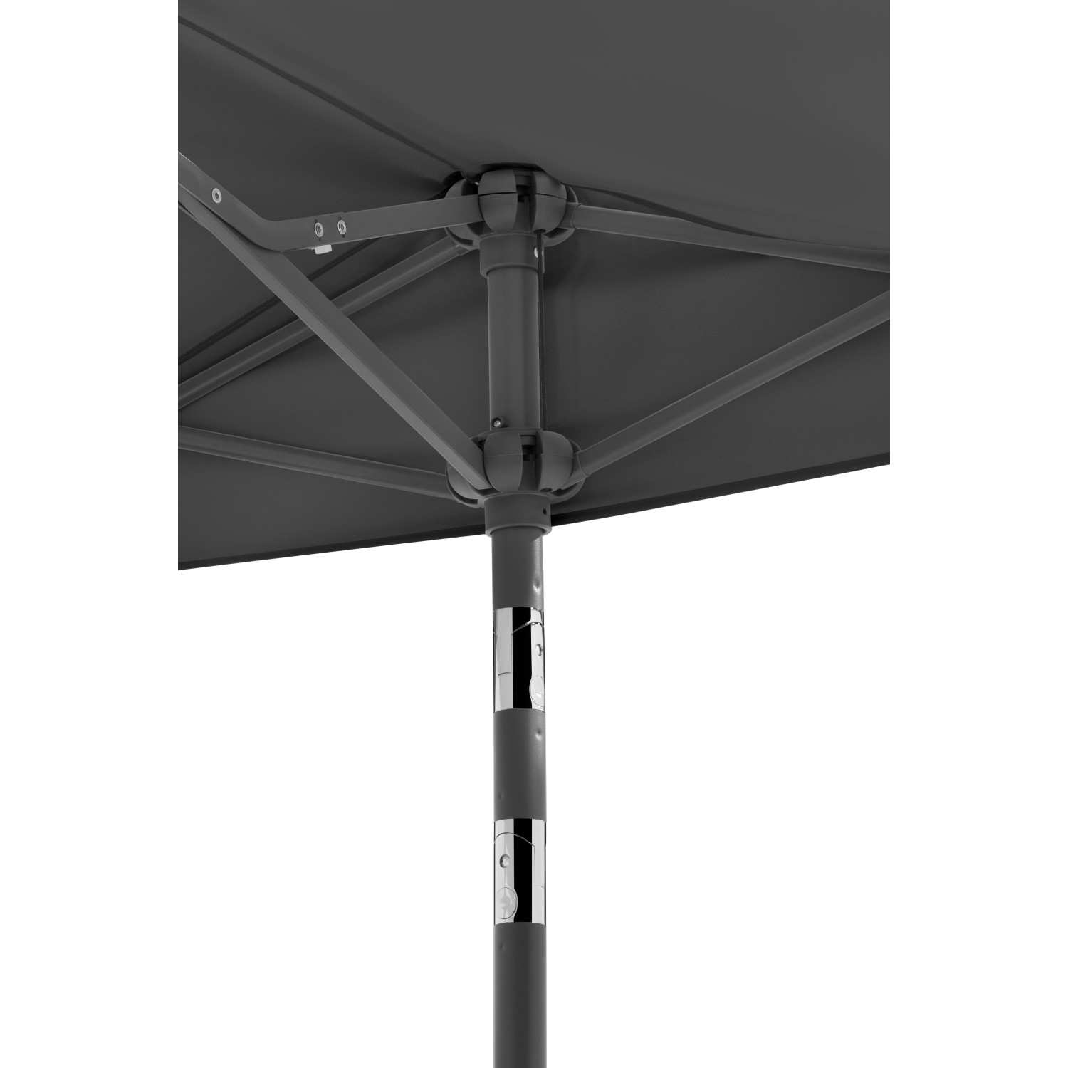 Detailaufnahme: Anthrazitfarbener Schneider Balkonschirm (150x150 cm) mit Knickfunktion, Blick von unten.