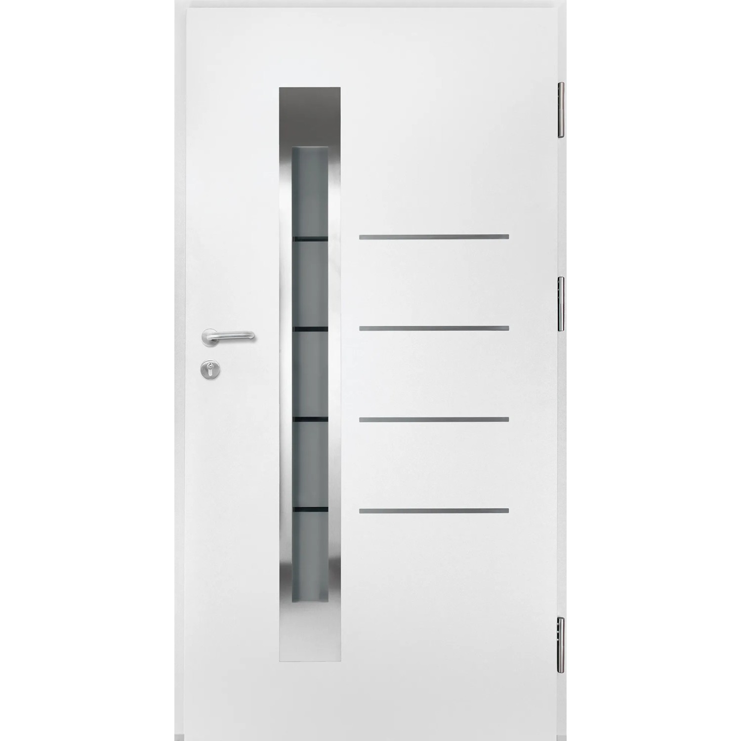 Weiße Splendoor Thermospace Haustür Berlin Prime mit Glaseinsatz und Edelstahlapplikationen.