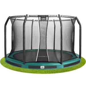 Grünes Salta Premium Ground Trampolin, ø 251 cm, für den ebenerdigen Einbau im Garten.