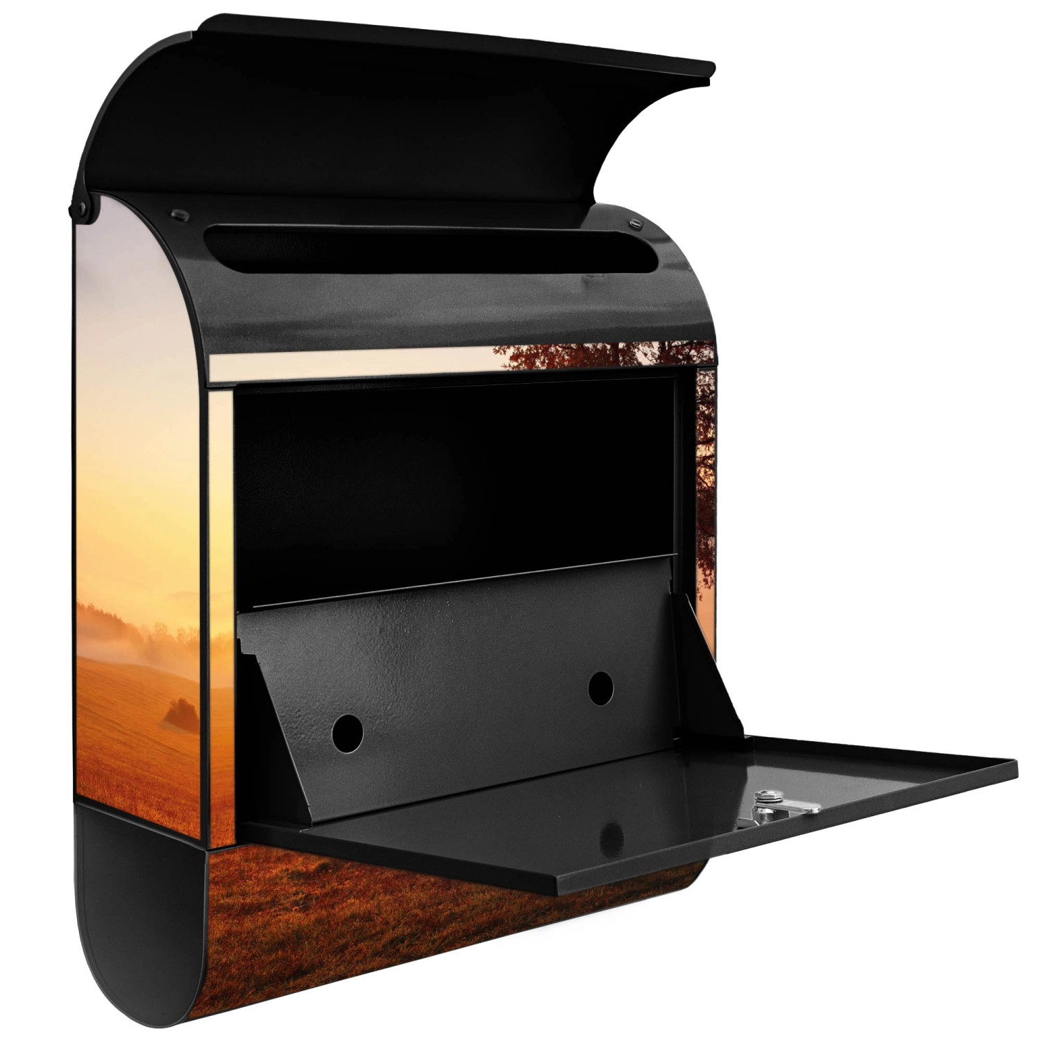 Banjado Design Briefkasten, schwarz pulverbeschichtet mit Sonnenaufgang Motiv und Zeitungsfach.