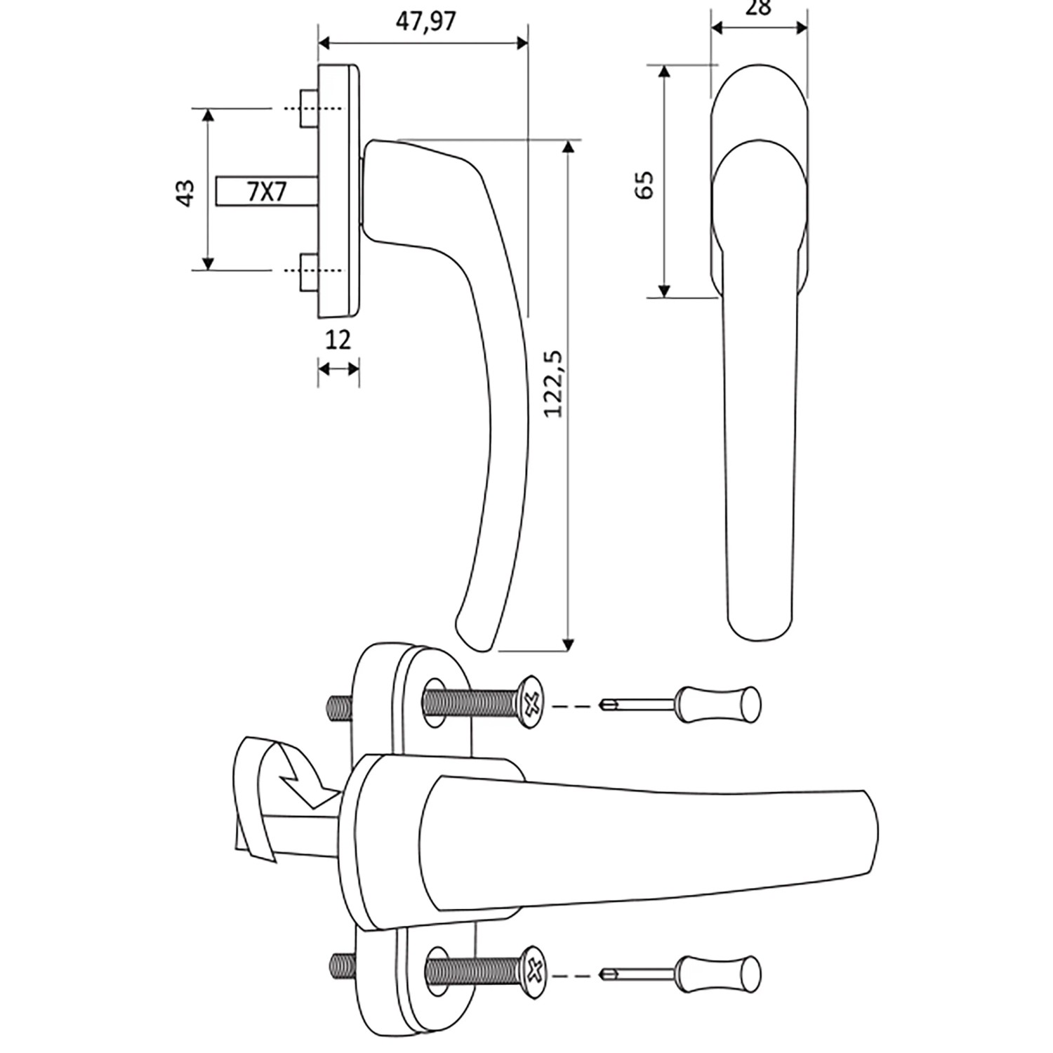 Technische Zeichnung: Quadroform Fenstergriff, Aluminium, Weiß, Maße und Details für Fensterzubehör.