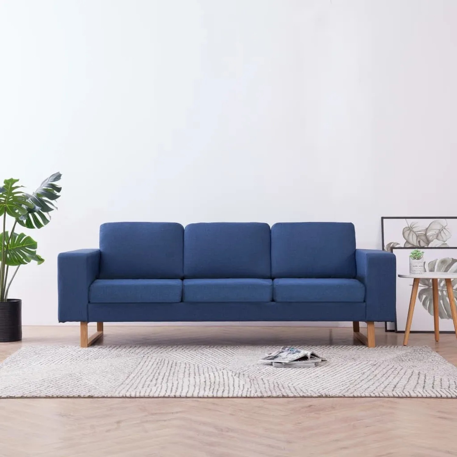 Blaues 3-Sitzer Sofa (vidaXL) aus Stoff mit Holzfüßen.