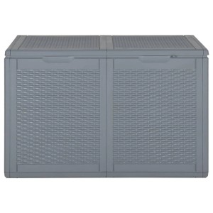 Graue VidaXL Gartenbox aus PP-Rattan, 180 L Fassungsvermögen, Universalbox für Garten und Terrasse.