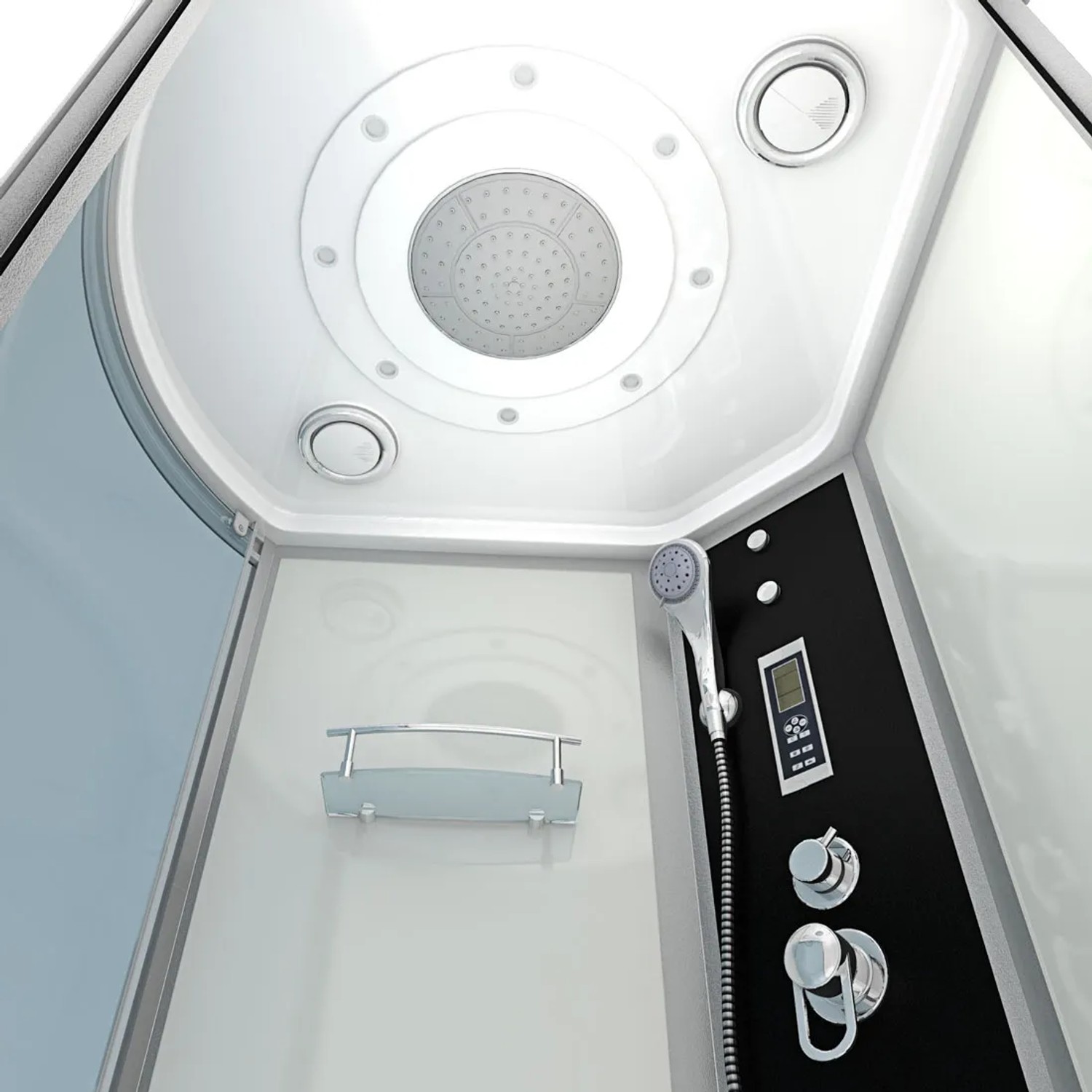 Innenansicht AcquaVapore Whirlpool Dusche 100x170 mit Regendusche und Handbrause.