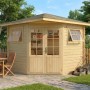 Unbehandeltes Alpholz 5-Eck Gartenhaus Sunny-B mit Spitzdach, 230x224 cm, im Garten.