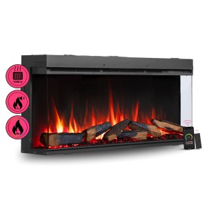 Schwarzer BALDERIA Elektrokamin AH-44 mit 3D-Flammeneffekt, Heizung und App-Steuerung.