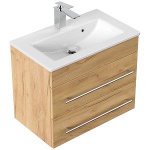 Posseik Badmöbel Portus 600 SlimLine Eiche Gold mit Waschbecken und zwei Schubladen.