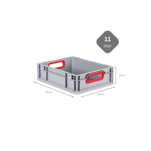 Graue PROREGAL Eurobox mit roten Griffen, 12x30x40 cm. Ideal zur Aufbewahrung.