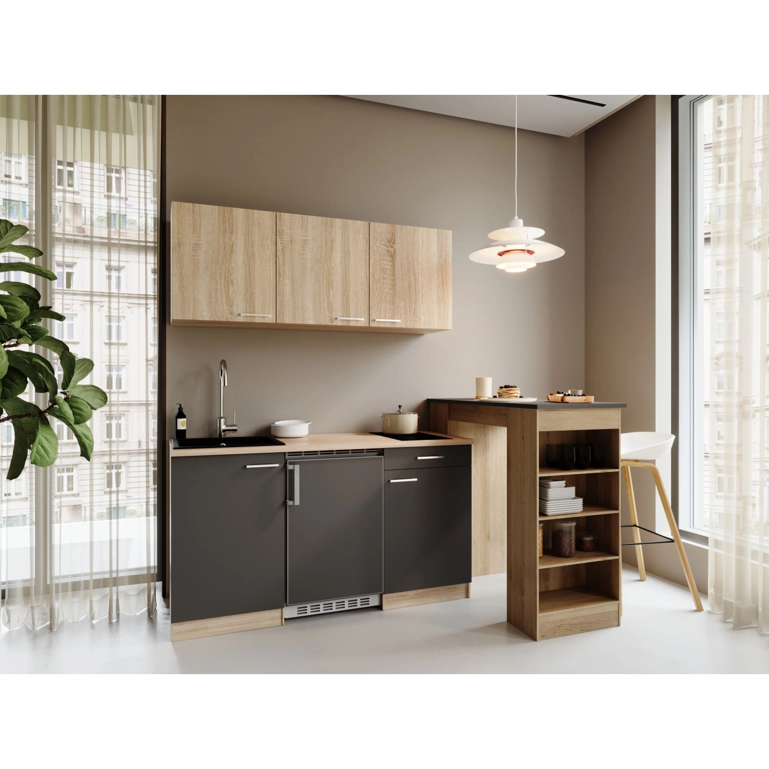 Respekta Ingrid Singleküche 150 cm Grau mit Bartisch