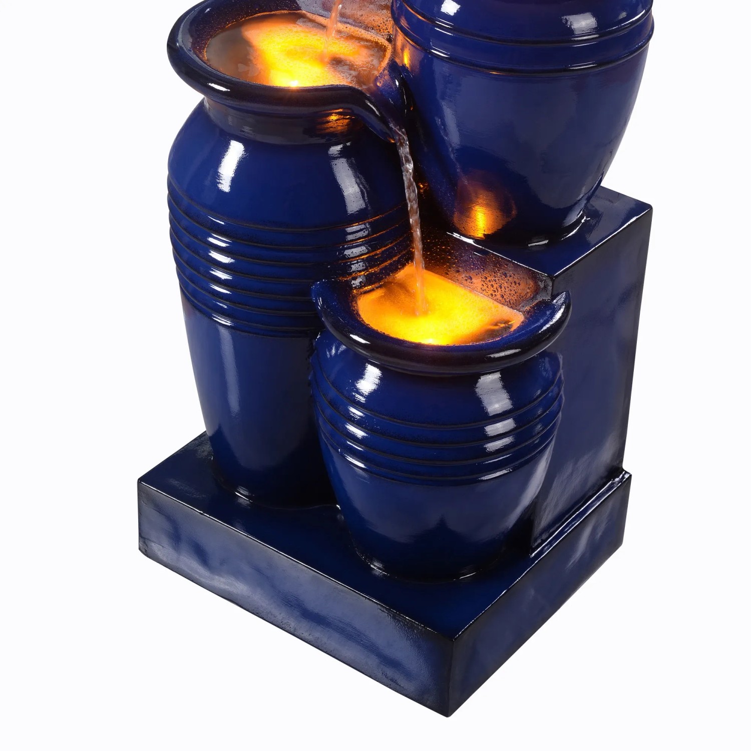 Marineblauer 4-stufiger Gartenbrunnen mit LED-Beleuchtung, solarbetrieben.