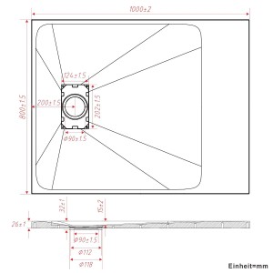 Technische Zeichnung: Aquabatos Duschwanne 100x80 cm, rechteckig, mit Maßen und Ablaufgarnitur. Ideal für Duschen.