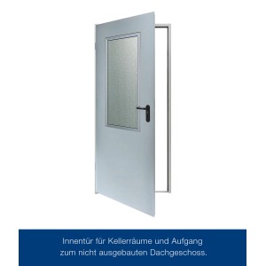 Geöffnete, verzinkte Hörmann ZK Innentür mit Drückergarnitur und Glaseinsatz.
