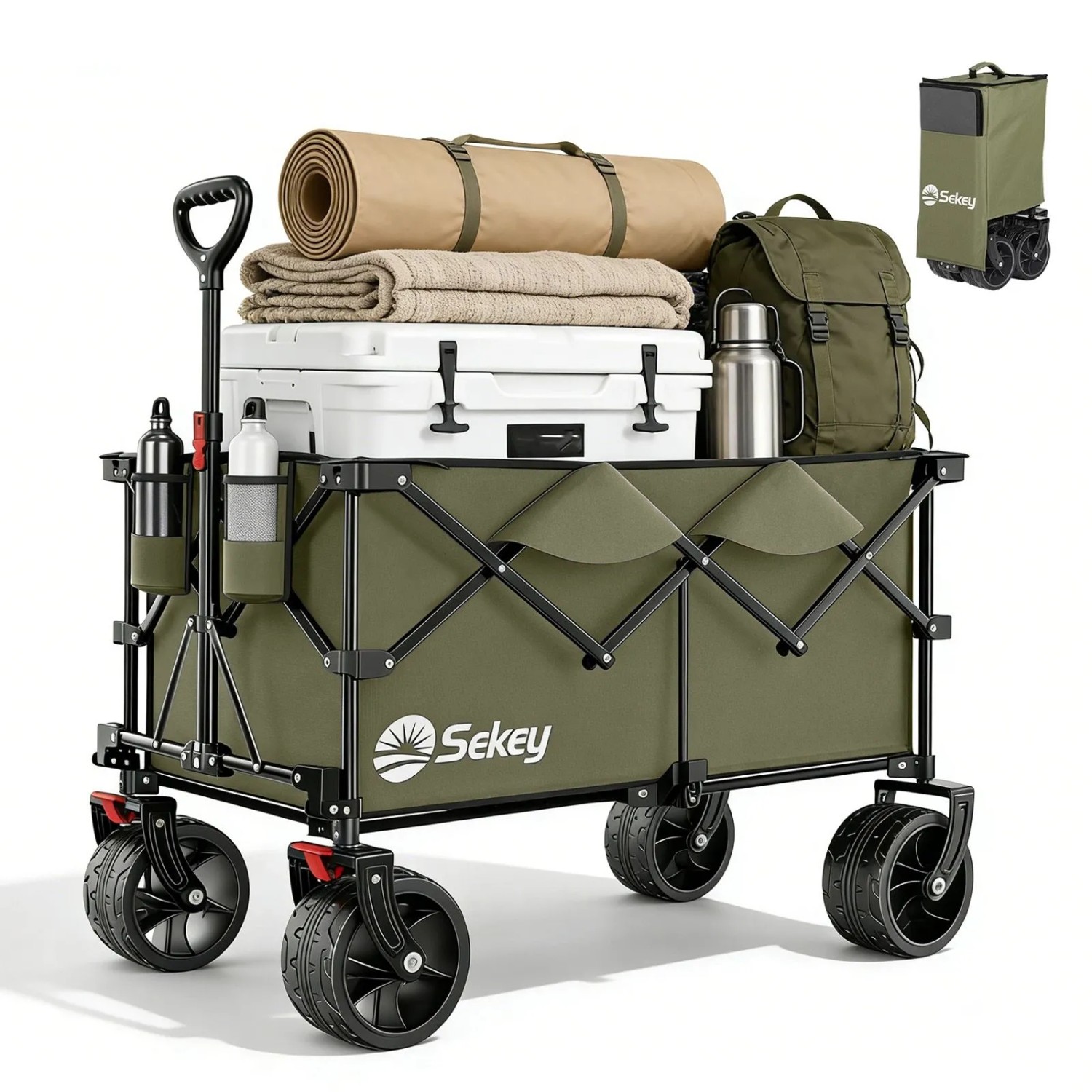 Sekey XXL Plus Bollerwagen Faltbar mit Breiten All-Terrain-Rädern 200KG 200L Olivgrün