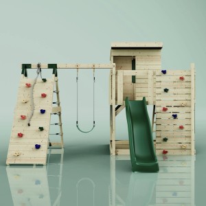 PolarPlay Spielturm Freja mit Schaukel, Kletterwand & Rutsche. Spielanlage aus Holz, dunkelgrün.