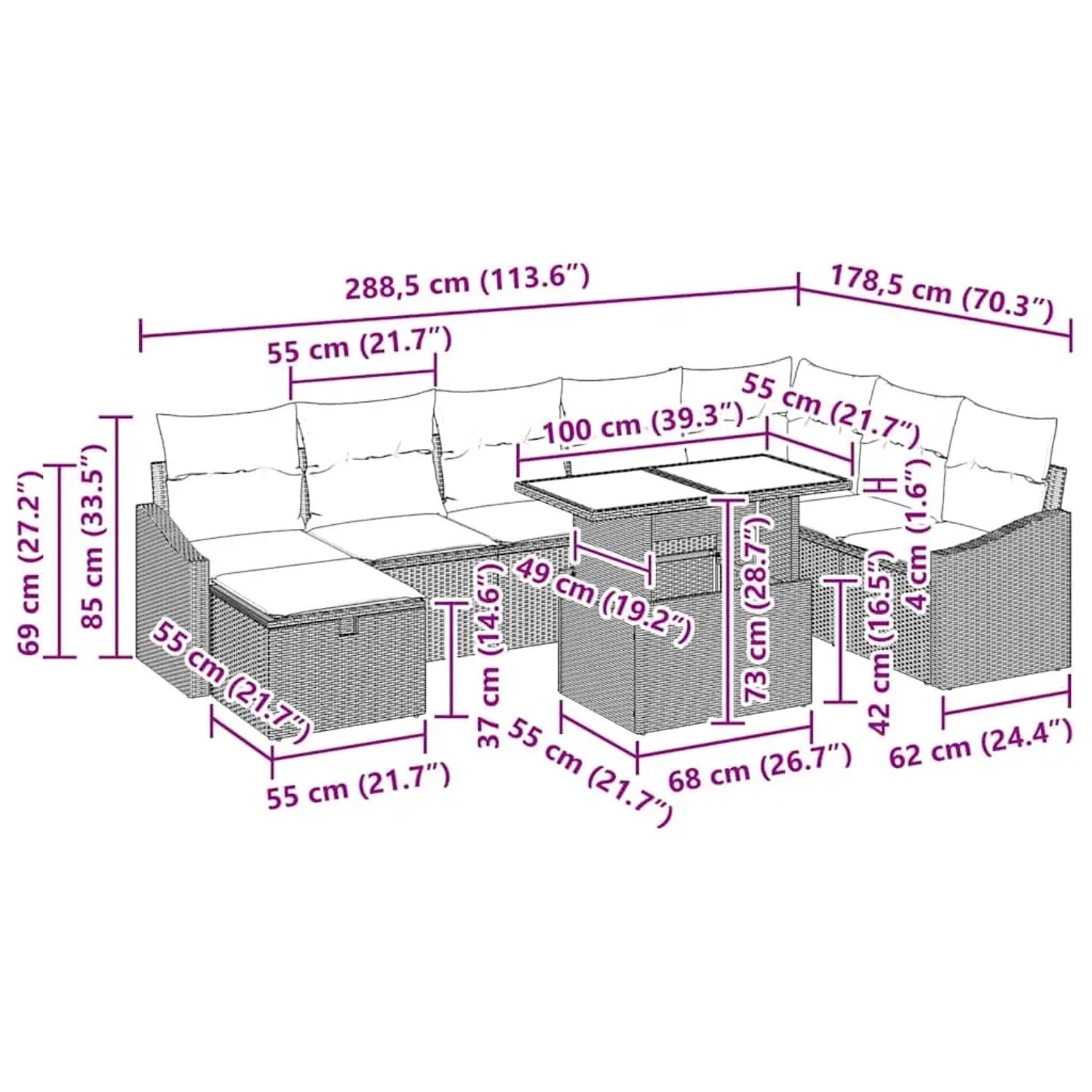 vidaXL Gartenmöbel-Set Beige, 9-teilig mit Sofa, Tisch und Kissen, Abmessungen sichtbar.