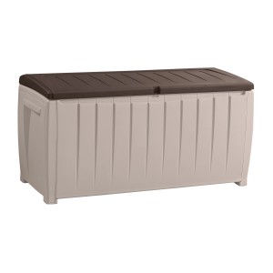 Keter Universalbox Novel Box, 340 L, beige/espresso, mit Sitzgelegenheit.