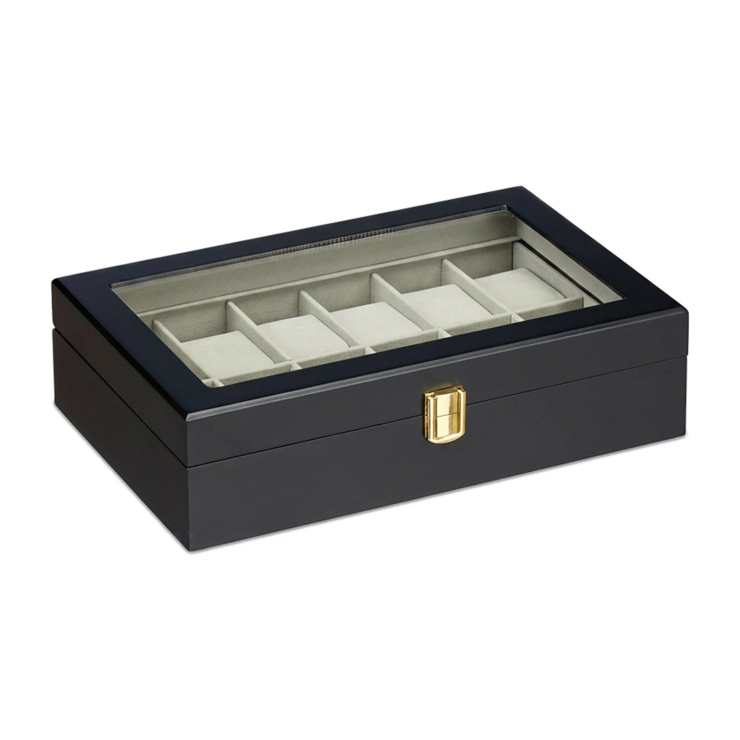 Relaxdays Uhrenbox Holz Glas Samt Metall Schwarz Grau Gold 12 Fächer 31 cm x 20 cm x 8 cm 1,3 kg