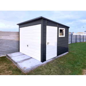 Liderstal Gerätehaus Standard aus Blech 300 x 300 cm Pultdach Anthrazit mit Seitentür und Fenster