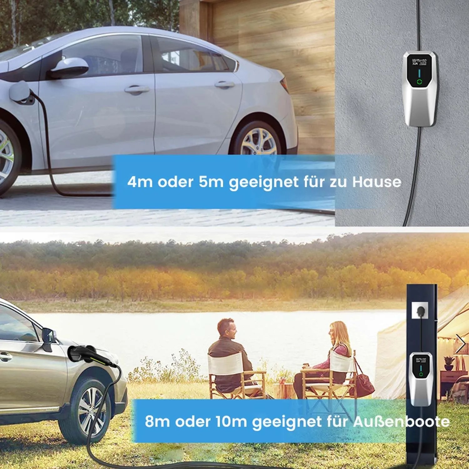 Junsun Mobile Wallbox EV Ladegerät lädt Elektroauto zu Hause an Wandbox und mobil im Freien. 22kW, 3-phasig.
