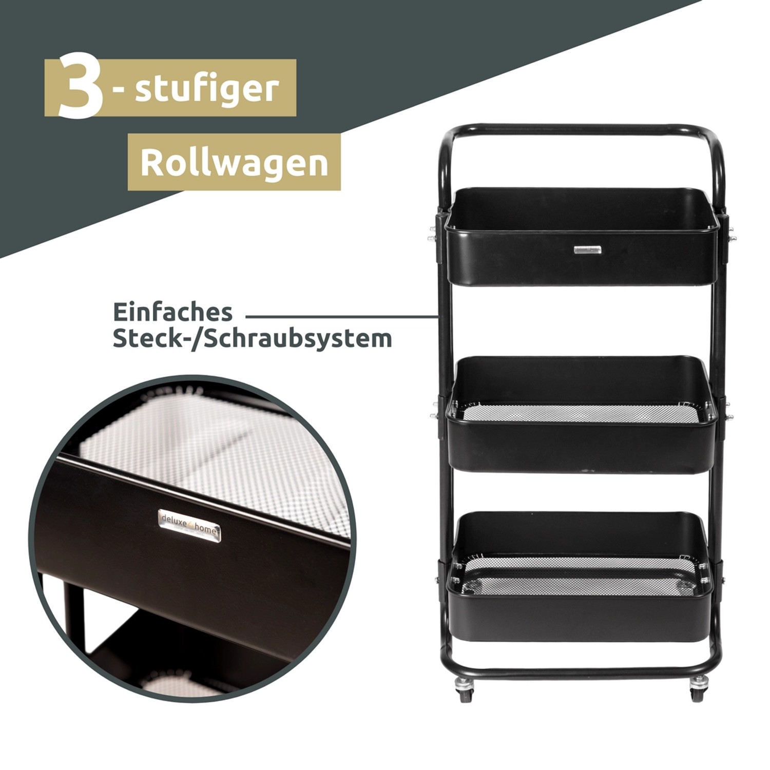 Schwarzer deluxe4home Rollwagen mit 3 Ablagen, ideal als Bad-Standregal.