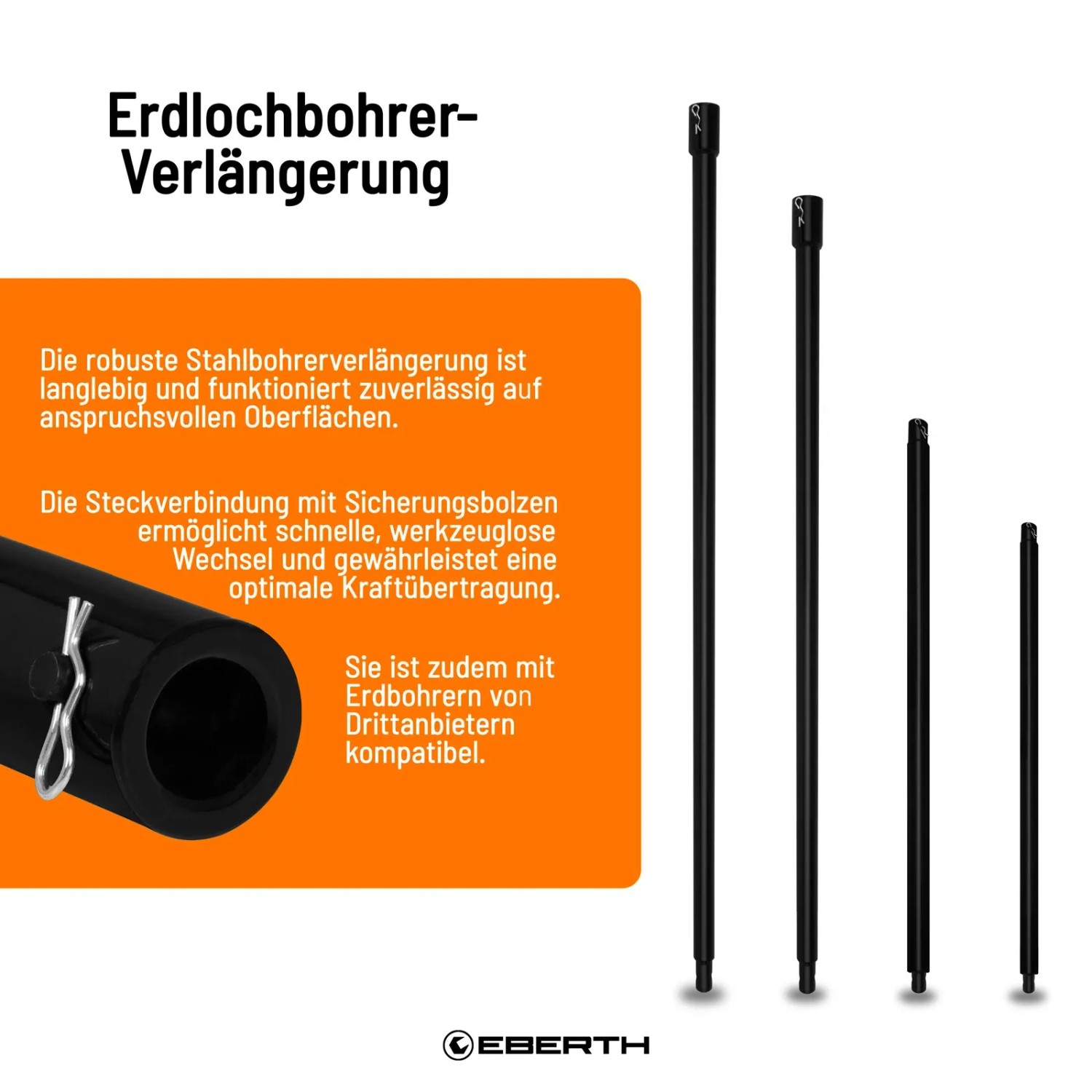 EBERTH Erdbohrer Verlängerung Set, 4-teilig, verschiedene Längen, aus Stahl, für Baumaschinen.