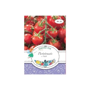 Grüne Fee Partytomate Idyll Saatgutpackung mit roten Kirschtomaten an der Rispe. Fruchtgemüse.