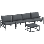 Anthrazitfarbenes 5-teiliges Garten-Sofa-Set aus Stahl mit Tisch und Polstern.