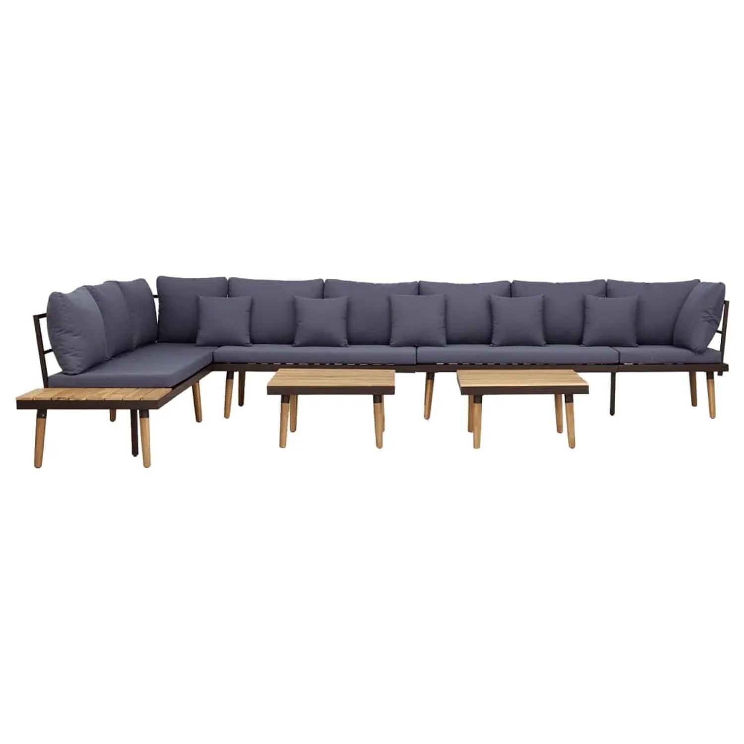 vidaXL 8-tlg. Garten Lounge Set aus Akazienholz mit grauen Kissen und zwei Tischen.