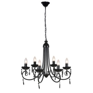 Schwarze Pendelleuchte mit 6 Lampenfassungen und Acryl-Kristallen für Wohn- und Esszimmer.