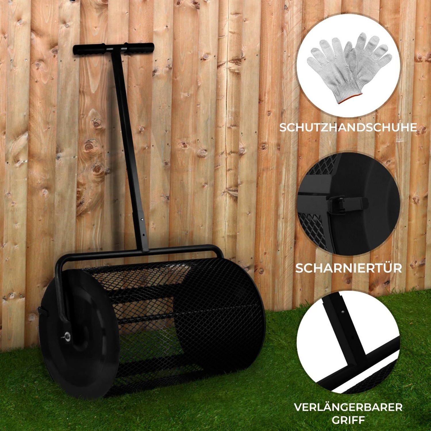 Monstershop Garten Kompoststreuer, schwarz, mit ausziehbarem Griff und Gartenhandschuhen.