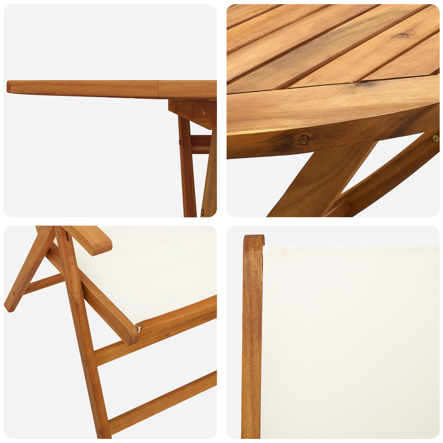 Detailansicht des 7-teiligen Gartentischsets aus Akazienholz in Creme von vidaXL.